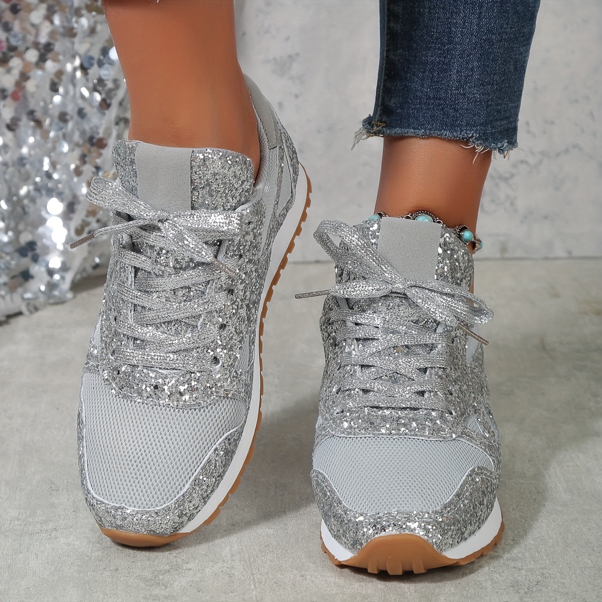 Women's Trainers Athletic Shoes Sneakers Sequins Plus Size Bling Bling  Sneakers Outdoor Sequin Flat Heel Round Toe Sporty Casual Shoes