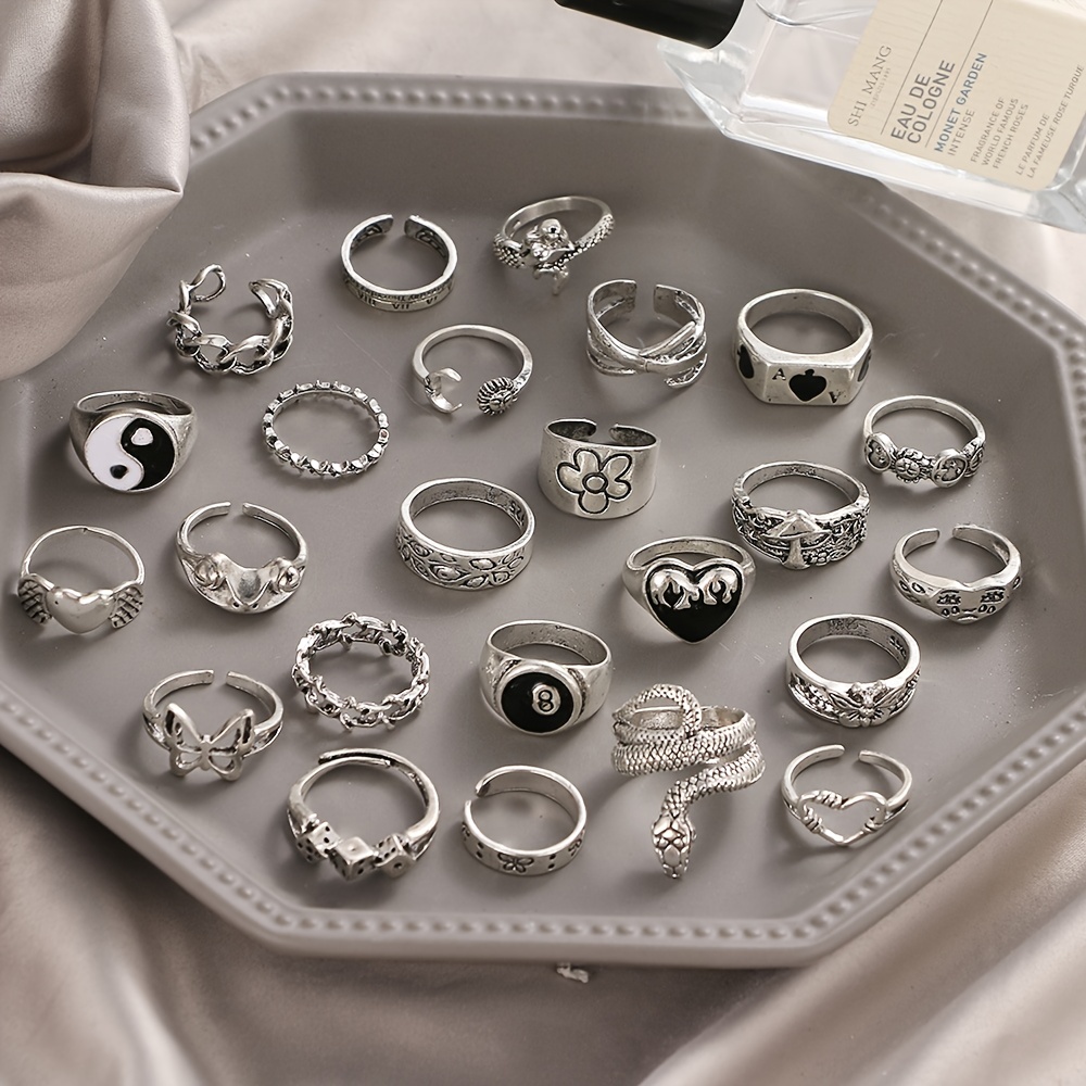 24pc Antique Silvery Vintage Stackable Ring Set, Punk Style