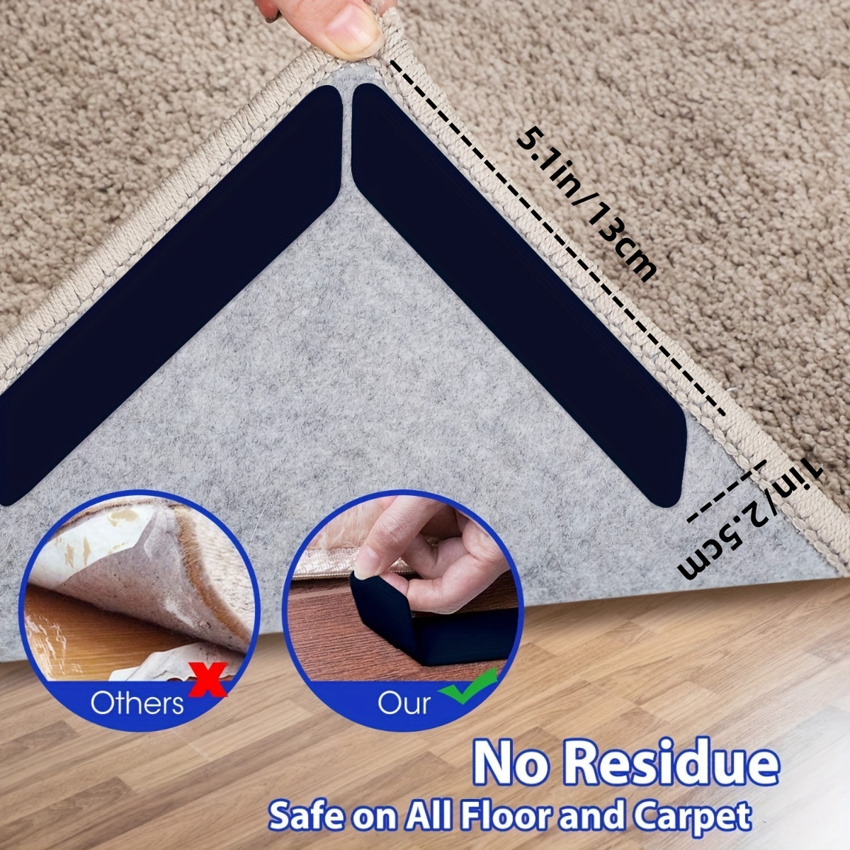 10 Pcs Anti Curling Carpet Tape Rug Grippers, Non Slip Rug Runner Gripper  Pad for Area Rugs Double Sided Washable Reusable Pads for Tile Hardwood