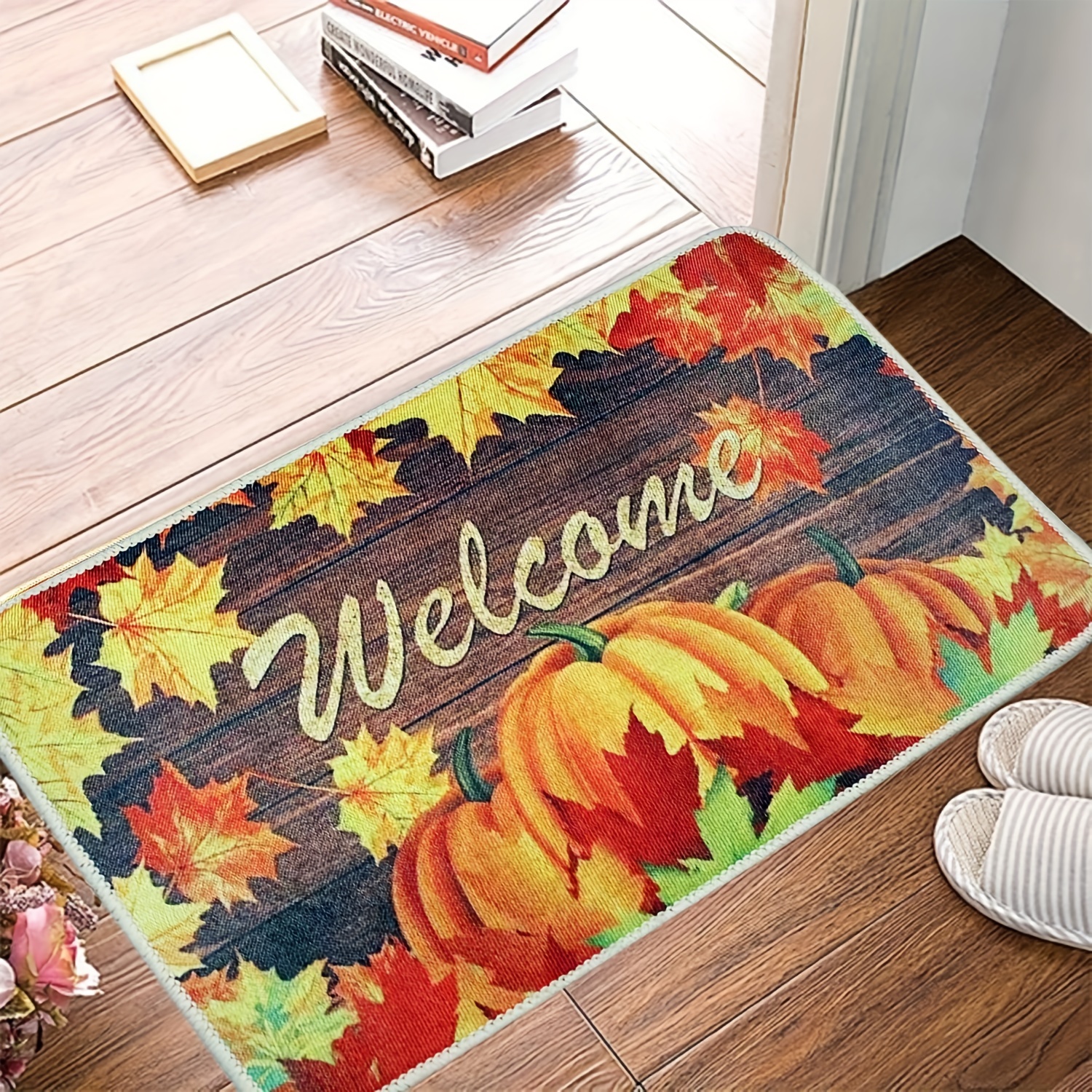 Hello Autumn Welcome Doormat, Fall Leaves Themed Door Mat, Autumn