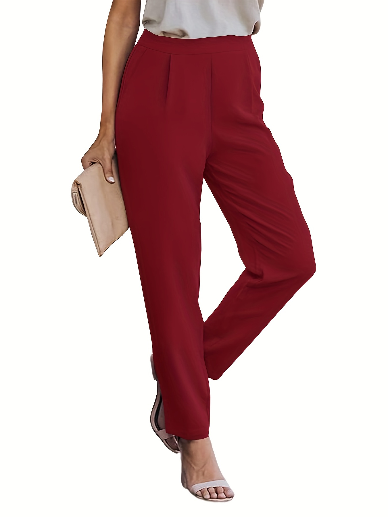 Solid Tailored Pants, Elegant Pockets Work Office Pants For All Season,  Women's Clothing