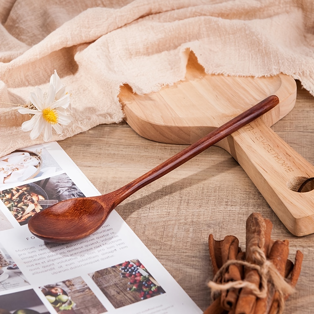 Cucharas de madera, 6 cucharas de sopa de madera de 9 pulgadas para comer,  mezclar, agitar, cuchara de mango largo con utensilios de cocina de estilo