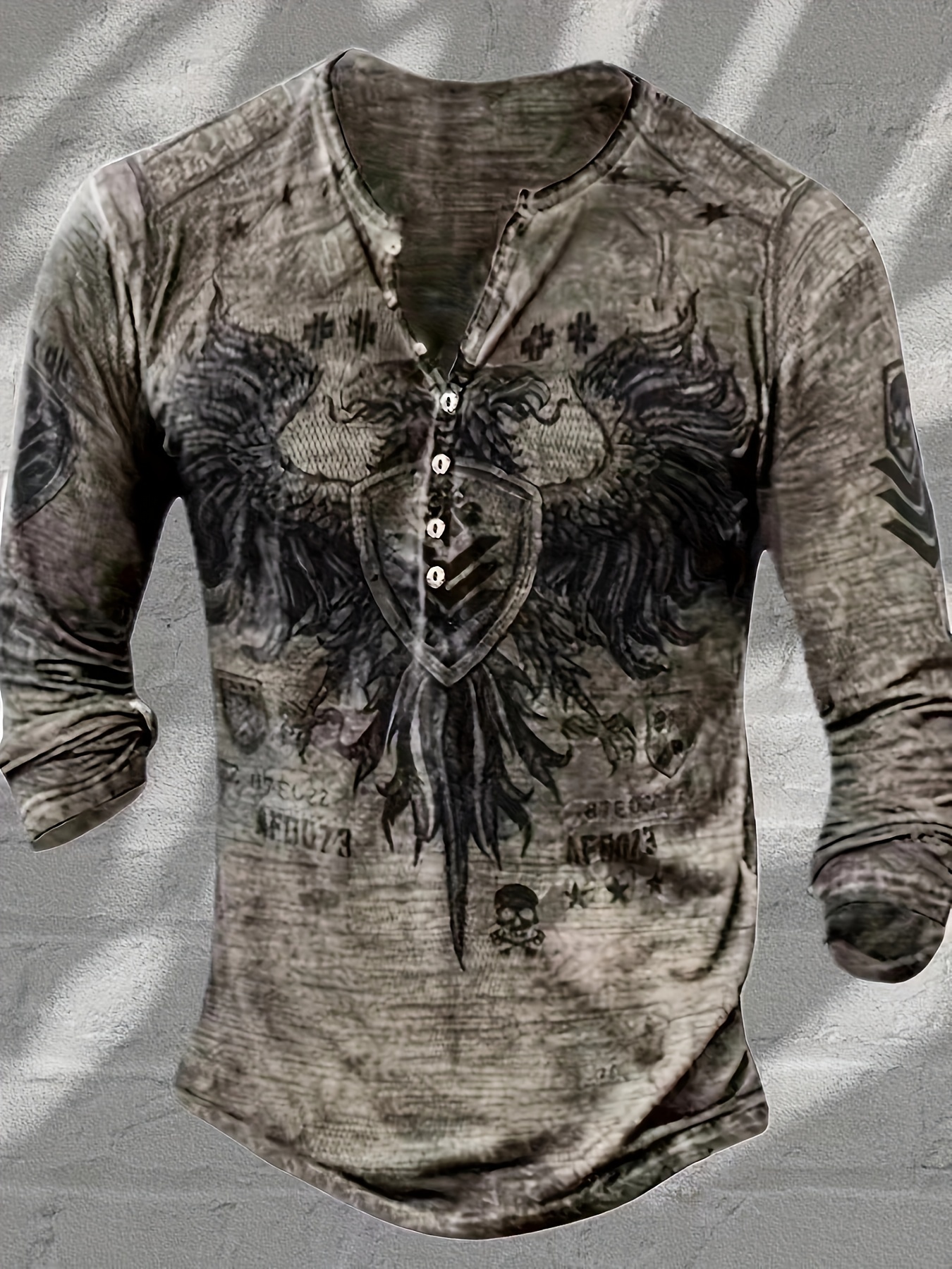 Retro Eagle Pattern Men's Stylish Long Sleeve Henley Tee For Spring Fall,  Gift For Men