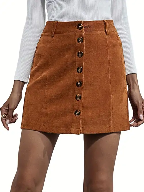 Solid High Waist Corduroy Skirt Elegant Button Front Ruffle - Temu
