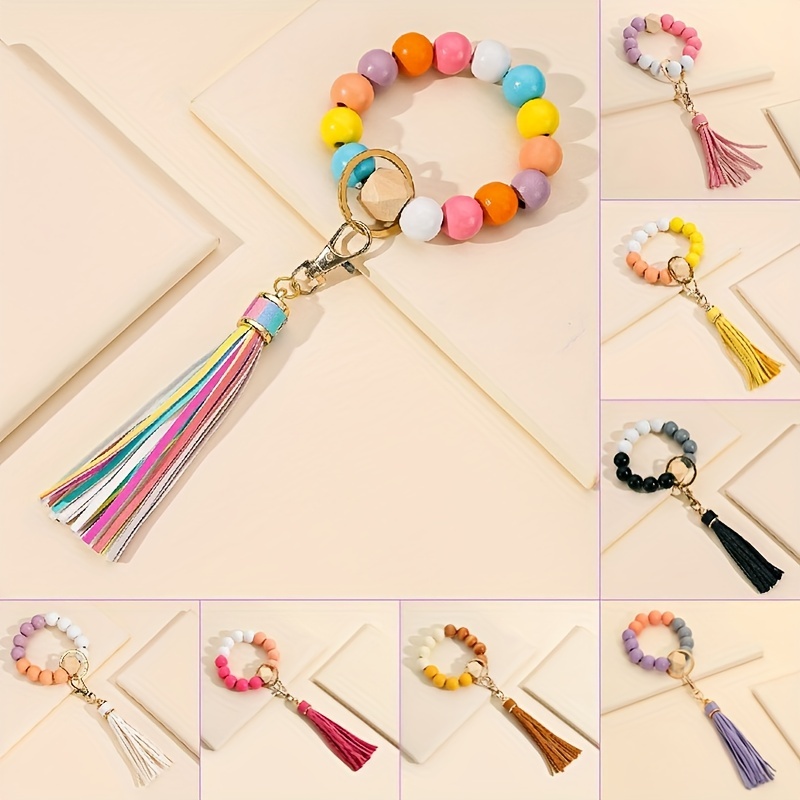 Rainbow Bead & Wood Disc with Tassel Key Chain