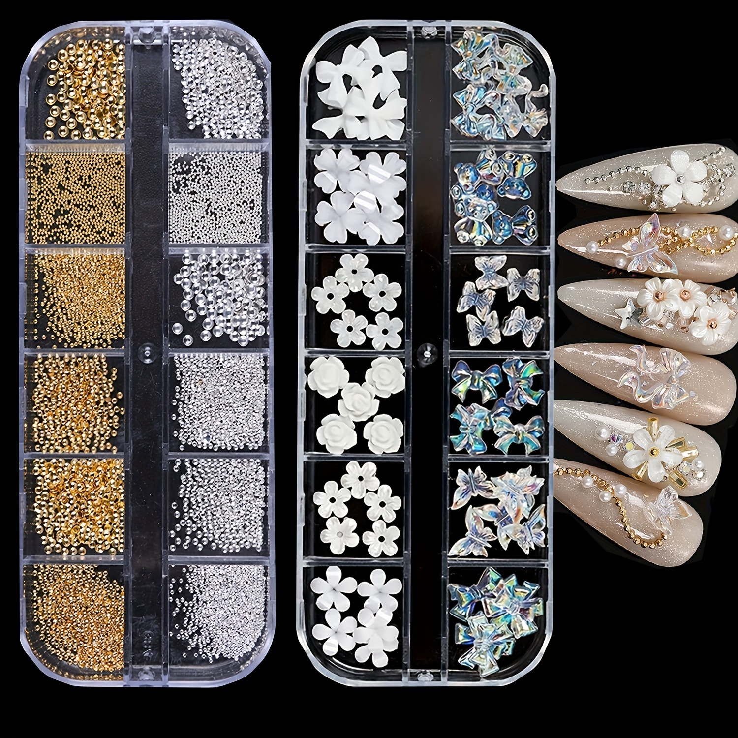 

2 Boxes (1000pcs) 3d Acrylic Butterfly White Flowers Bear Nail Charms Cute Nail Charms Mixed Starry Ab Crystal Nail Rhinestones Multi Sizes Crystal Gems Stones