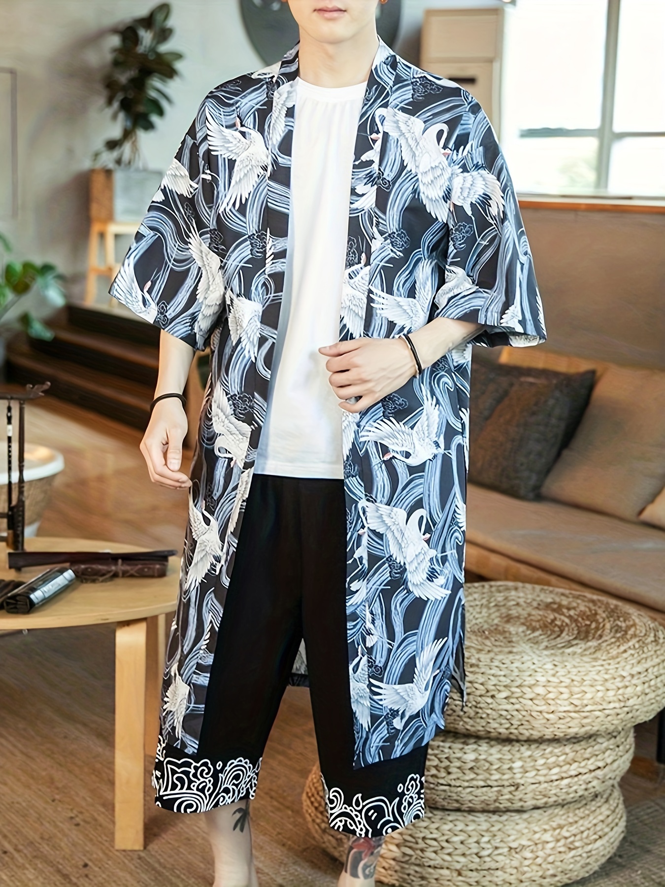 Cappotto Kimono Giapponese Uomo Stampa Grafica Gru Cardigan - Temu Italy