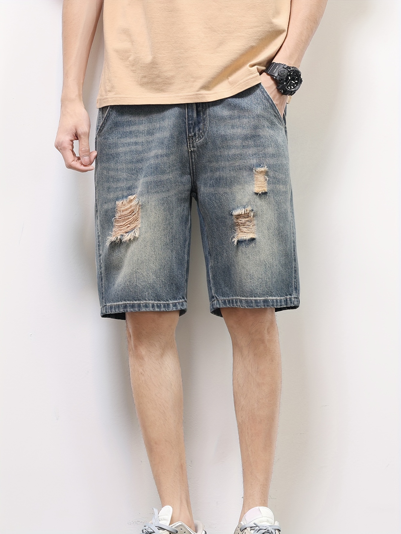 Men Ripped Denim Half Length Jeans Shorts Jeans Mid Pants Casual Summer  Shorts