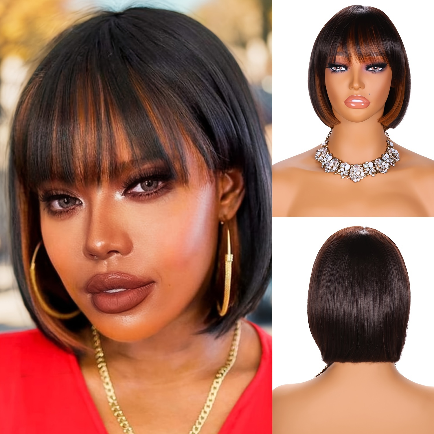 

Elegant 10" Bob Wig With Bangs For Women - Mixed, Straight Synthetic Hair, Shoulder Length, High-density