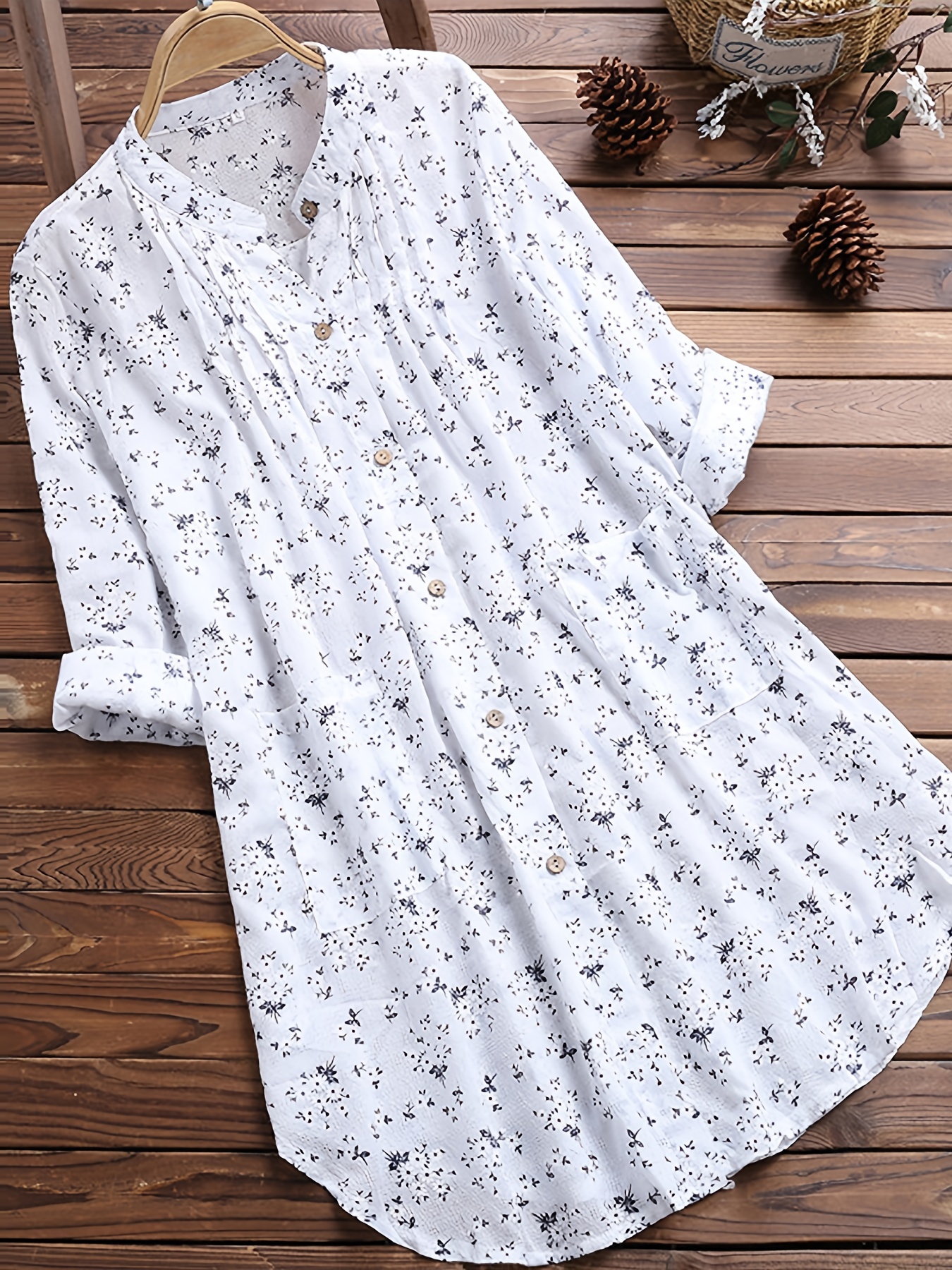 Floral Print V-Neck Long Blouses, T-Shirt, Women's Pleated Casual Loose Button Down Long Sleeve Fashion Long Women's Clothing Tops Shirts,Chic