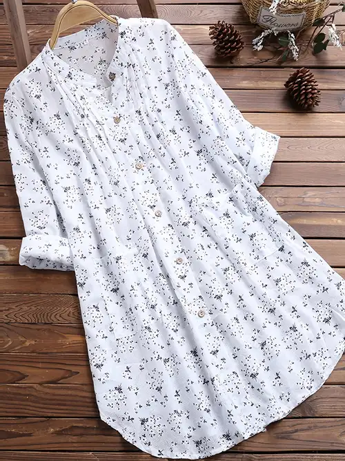 Floral Print Pleated V neck Long Blouses Casual Loose Button - Temu
