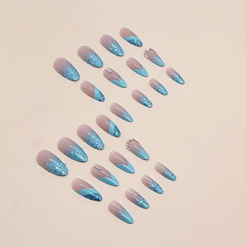 24 Stück Künstliche Nägel – Schmetterlingsblau Mit Glitzer & Strass – Quadratische Form