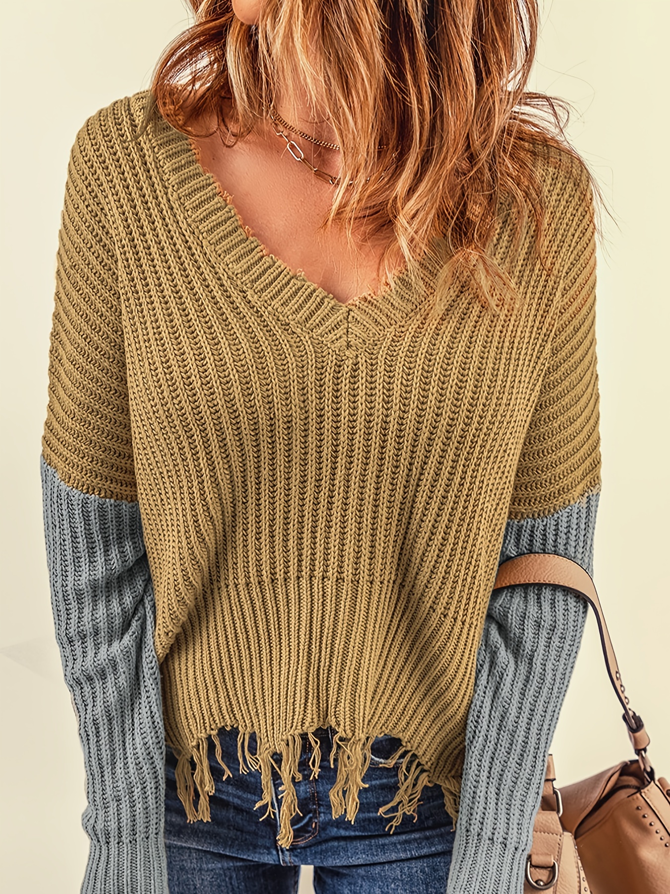 Sexy Loose V Neck Ripped Knitted Pullover Crop Sweater, Solid