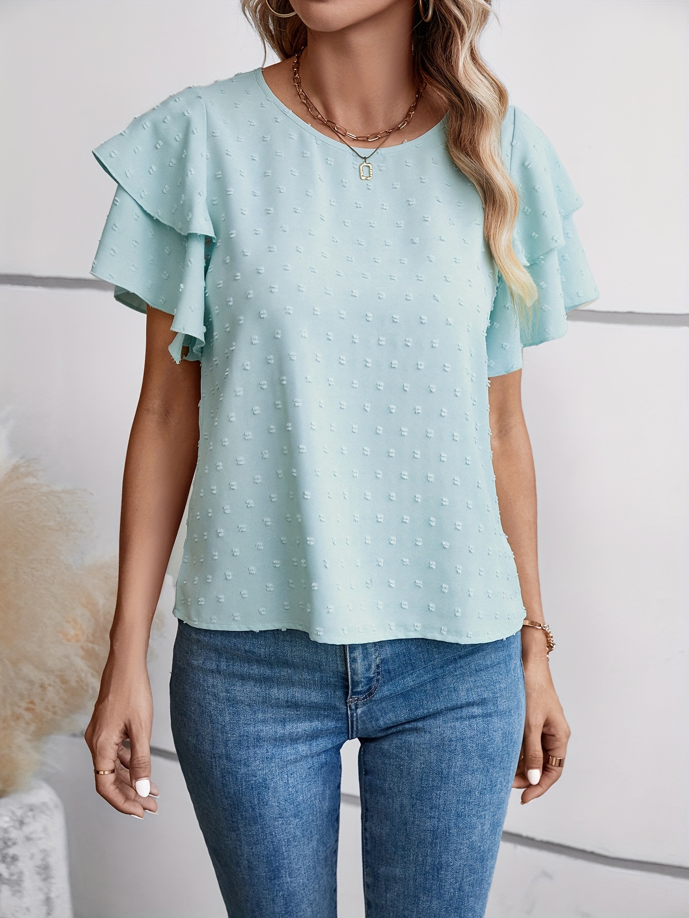 Blusa Cuello Redondo Punto Suizo Sólido Blusa Elegante Manga - Temu