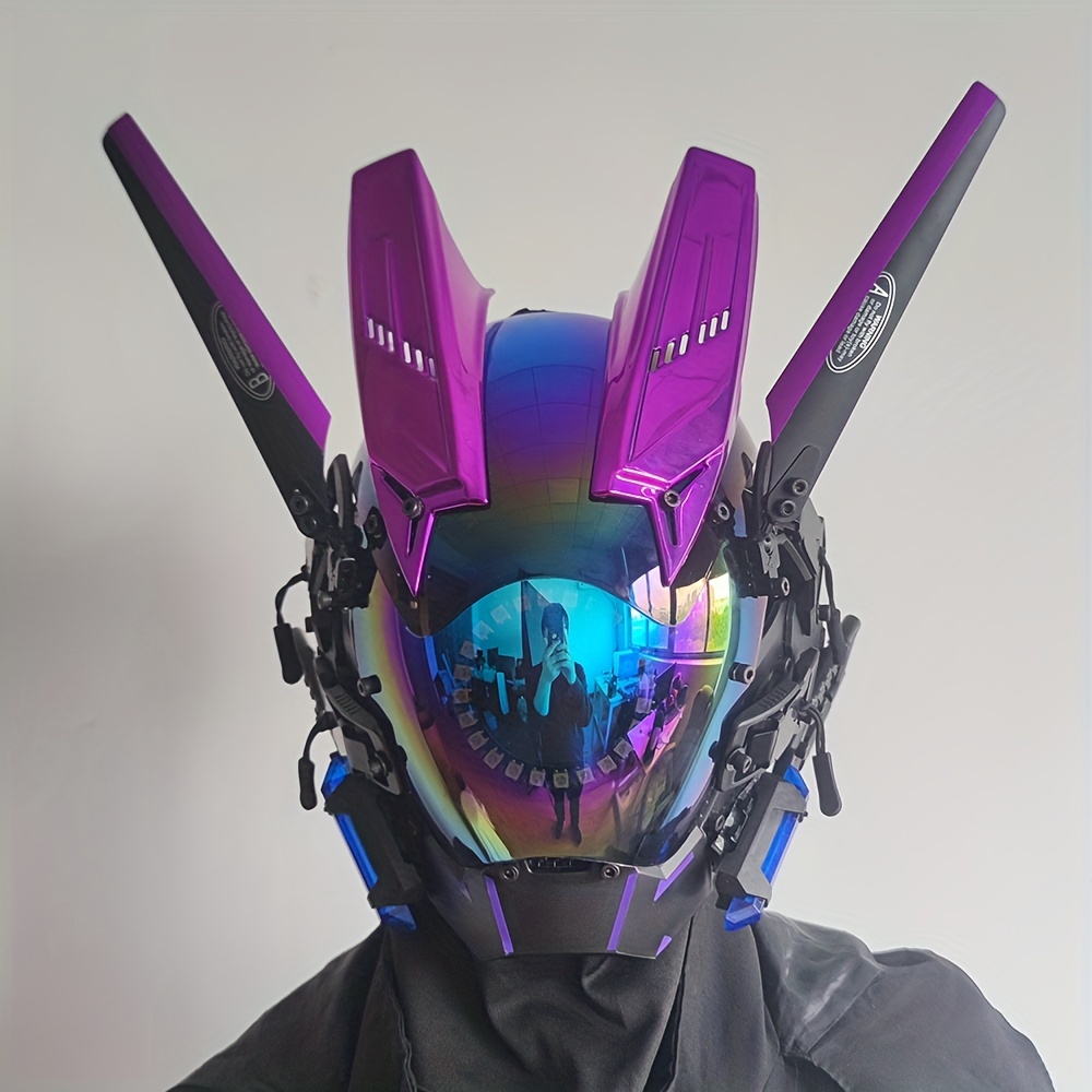 New Cyberpunk Mask Color Lenses Purple Mecha Round Light Wing Makeup, Cosmetic Music Festival LED Luminous Mask Halloween Party Decoration Mask