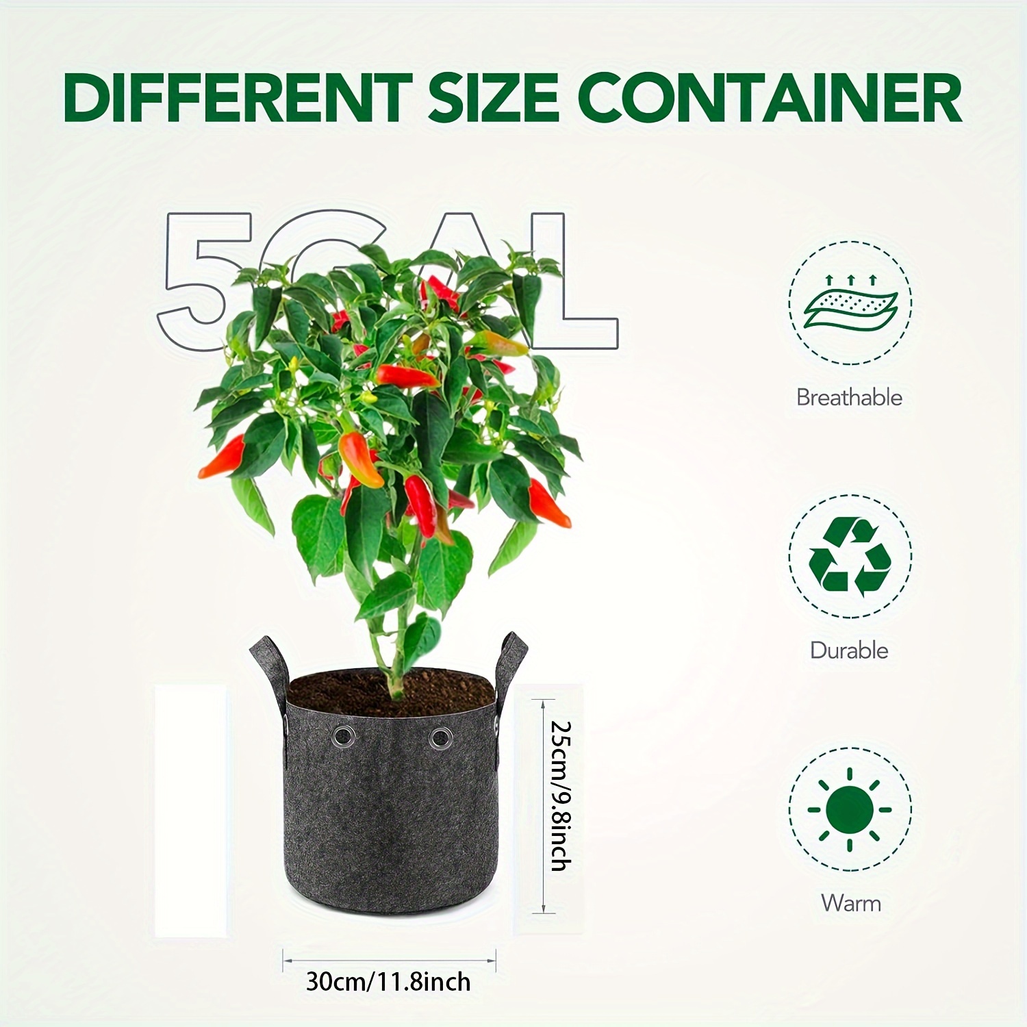 TEMU 6-Pack 3 Gallon, 5 Gallon, 7 Gallon, 10 Gallon, 15 Gallon Odlingssäckar i Nonwoven Tyg med Handtag och Ringfästen – Mångsidiga för Växtodling av