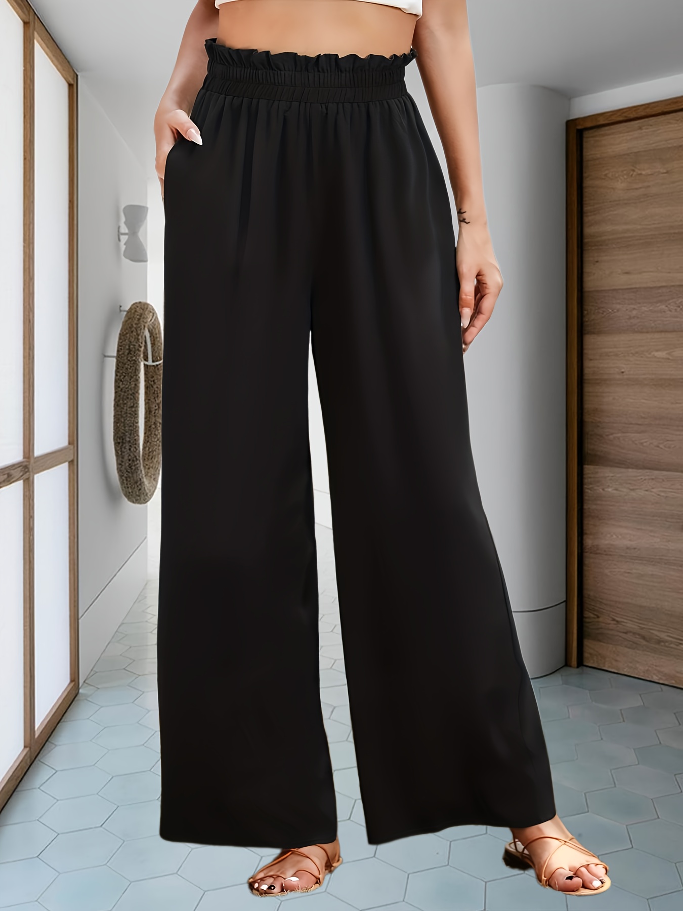 Paper Bag Waist Pants Elegant Solid Wide Leg Long Length - Temu