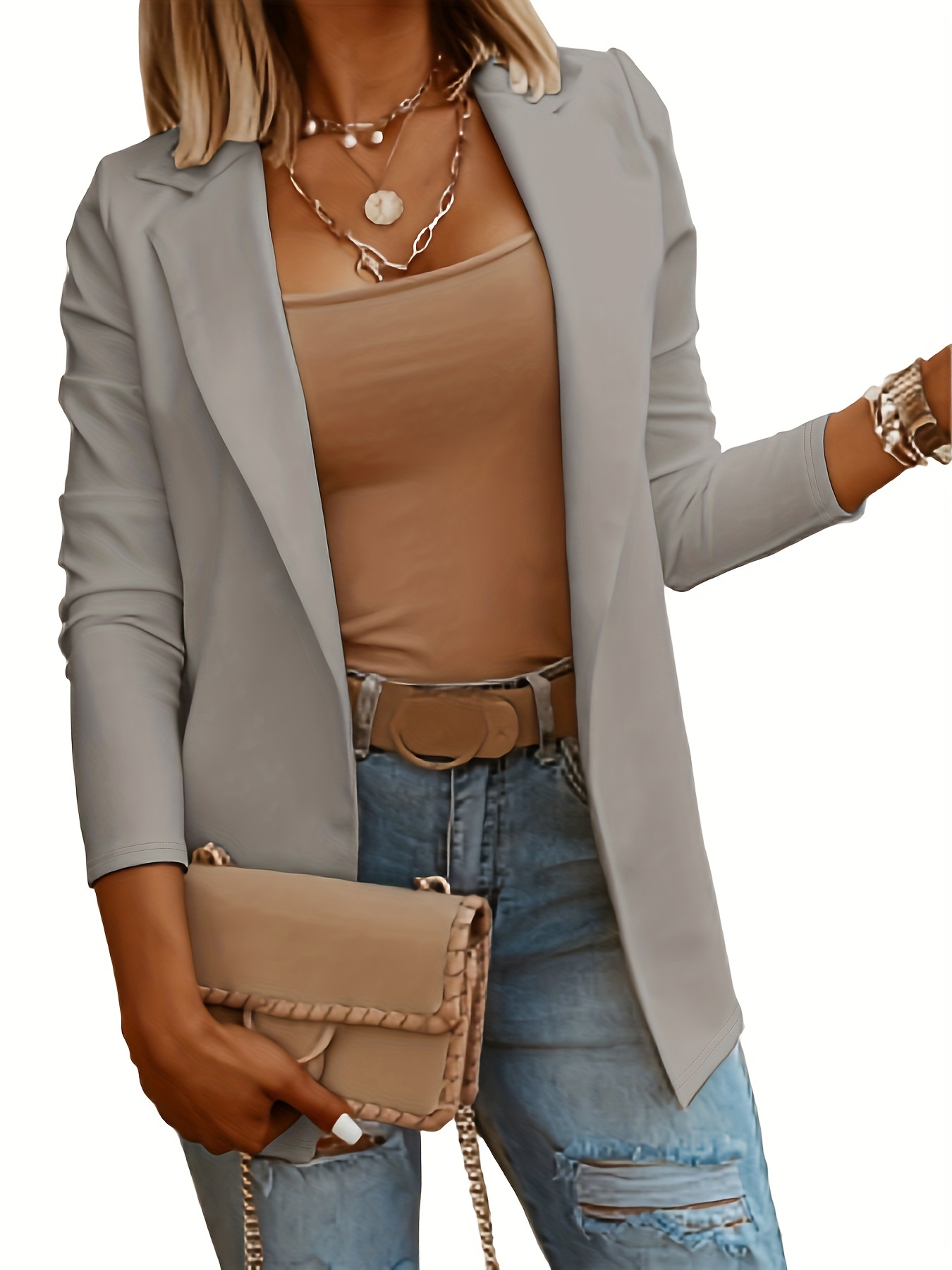 Solid Lapel Jacket Casual Long Sleeve Work Office - Temu