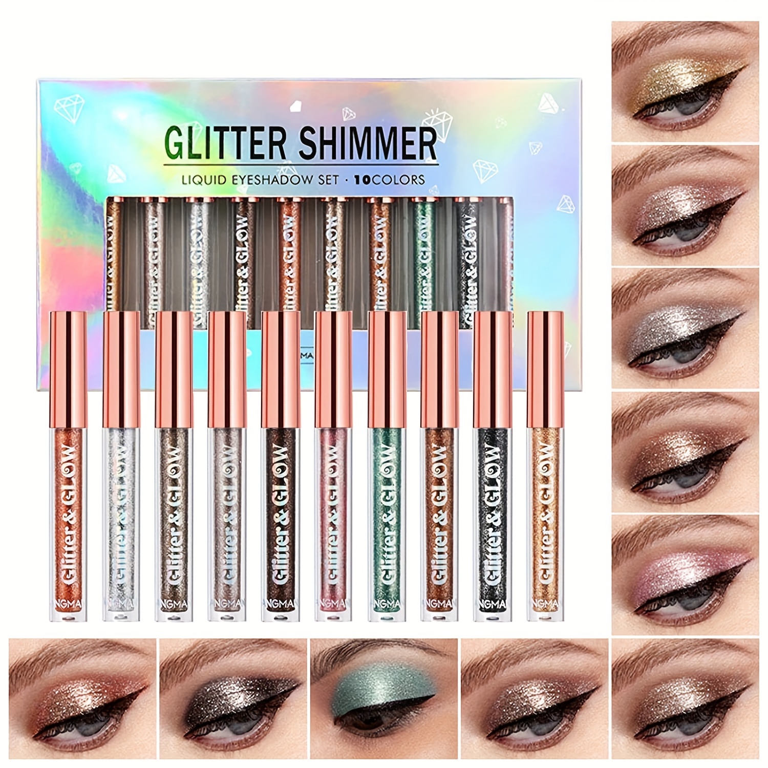 

10 Colors Sparkling Liquid Glitter Eyeshadow Set - Metallic Shimmer, Waterproof, Long-lasting, Fast-drying Smokey Eye Looks