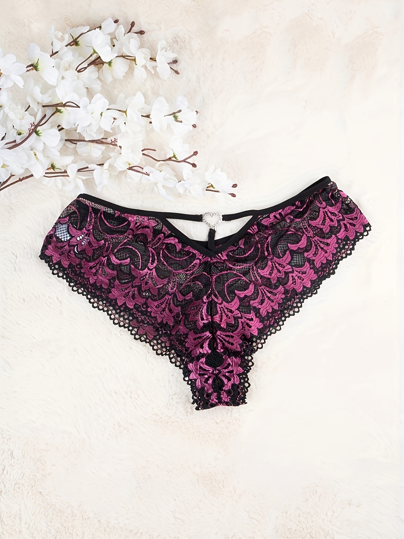 Plus Size Sexy Panty, Women's Plus Floral Lace Rhinestone Heart Ring Linked  High Stretch Brief