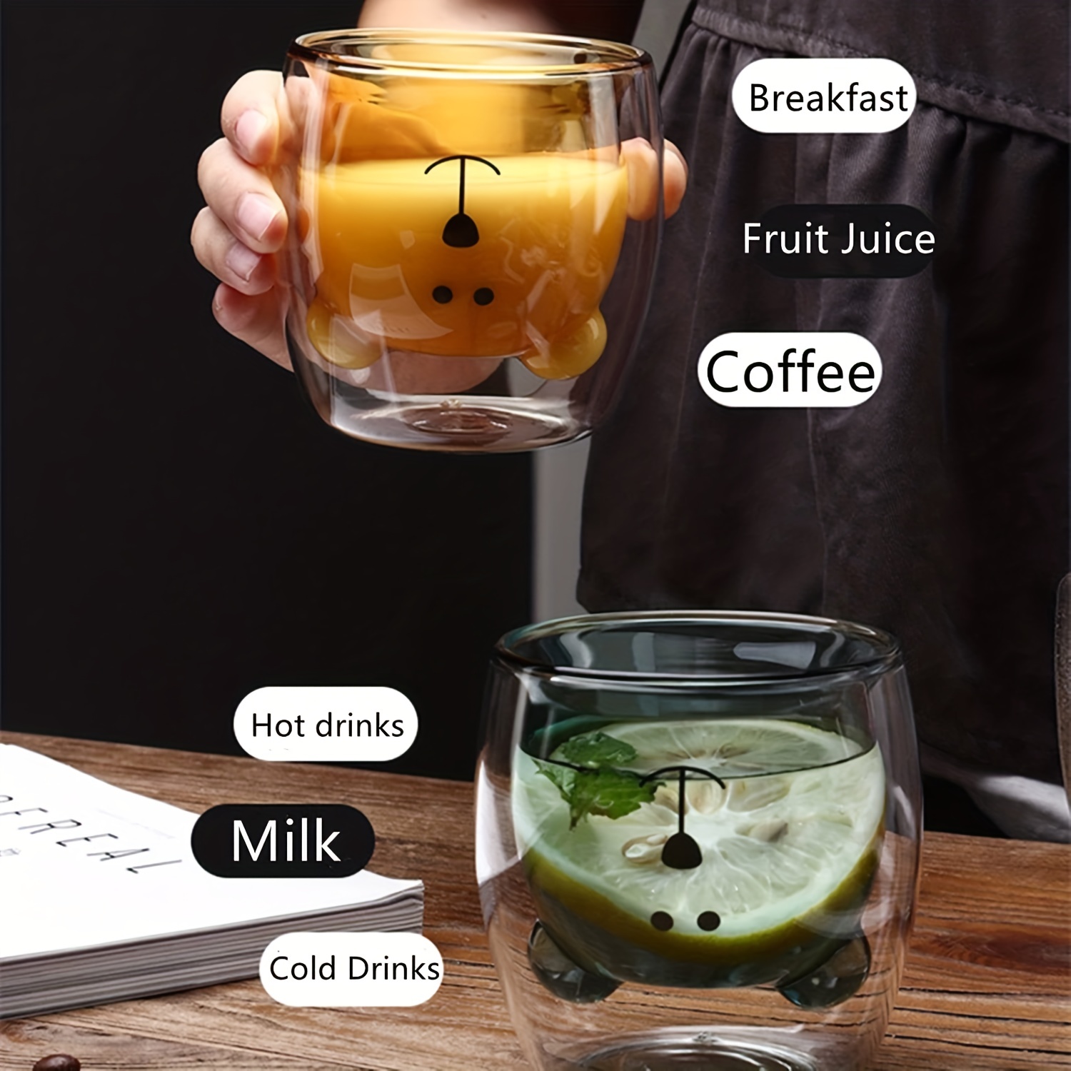 Cute Glass Bear Mugs Insulated Double Wall Glass Cup Coffee Mug