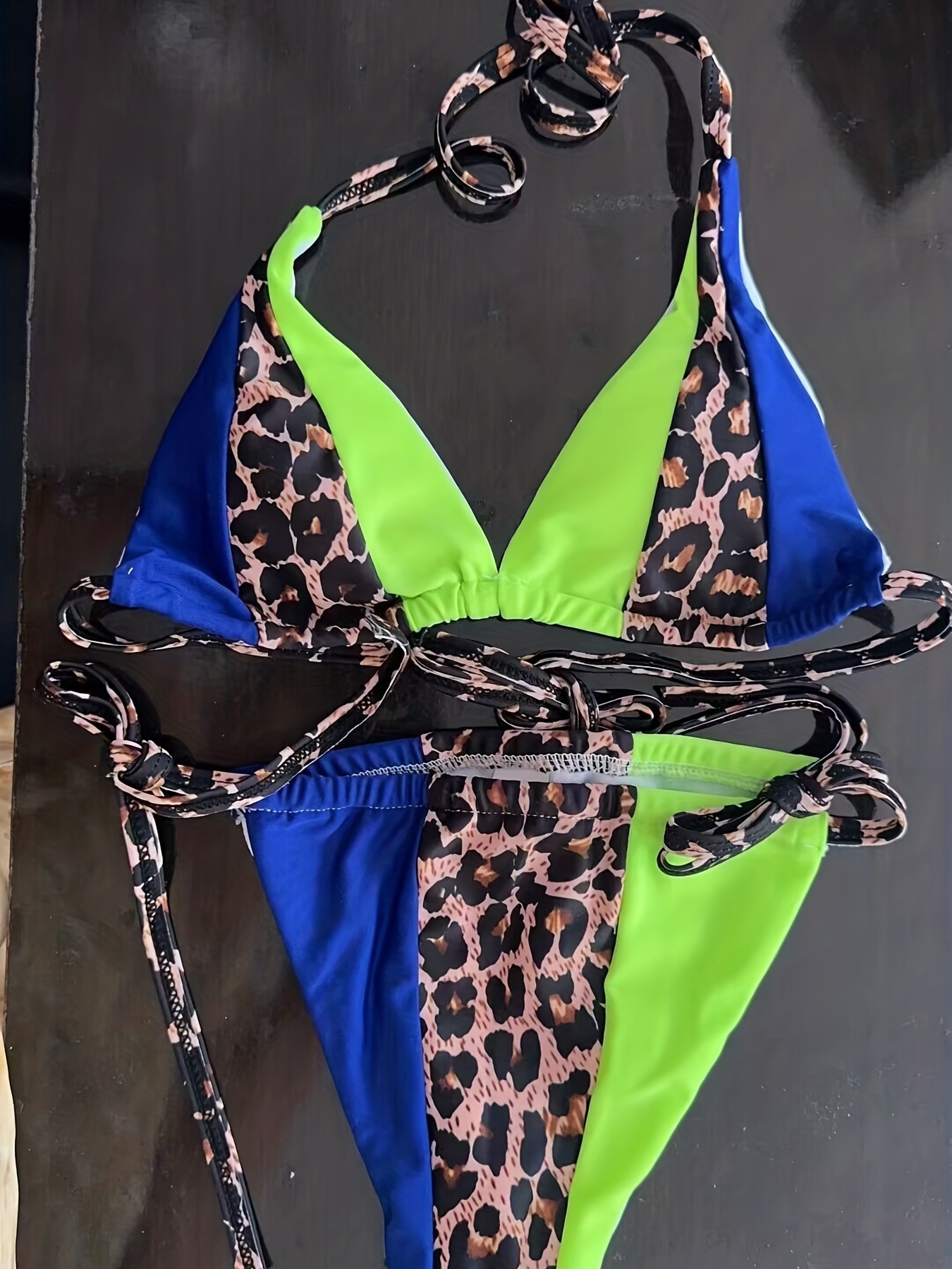 Leopard Print Color Block Neon Color Bikini Bandeau Tie Side - Temu