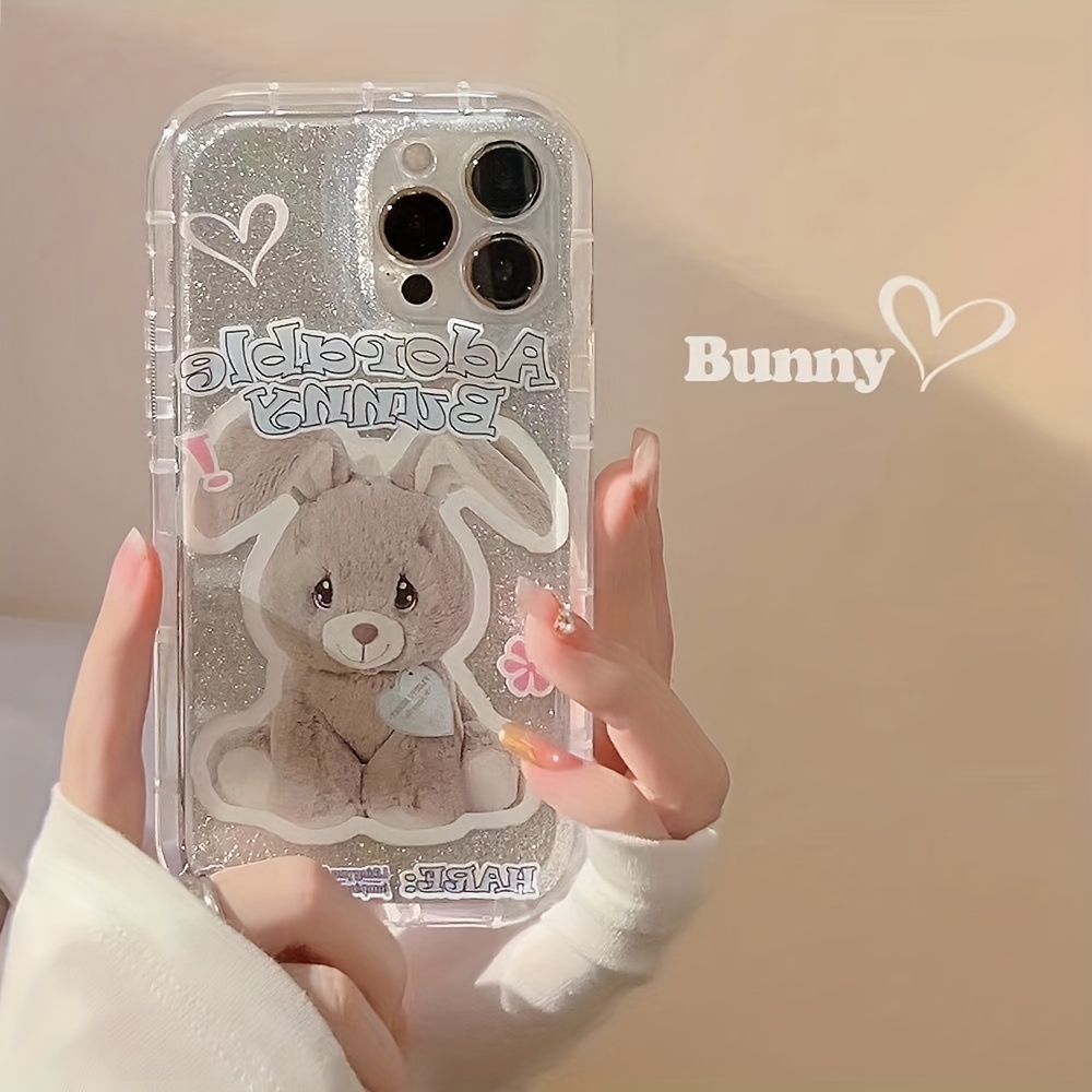 1pc Black Anti-fall Phone Case With Rabbit Stand And Electroplated