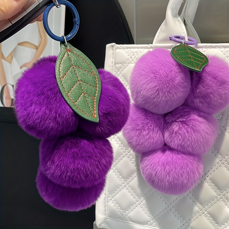 Pom Pom Keychain Cute Plush Ball Keychain Simulation Fruit Grape Keyring  Fluffy Bag Handbags Plush Pendant for Women Girls