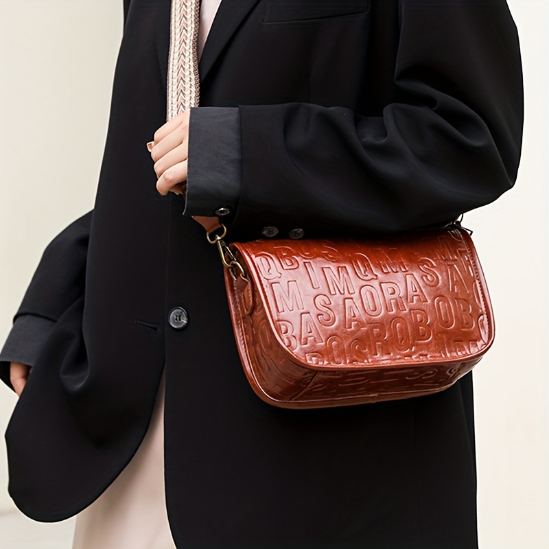 Letter Embossed Crossbody Bag, Vintage Wide Strap Shoulder Bag, Small Zipper Purse for Women, Christmas Styling & Gift,Temu