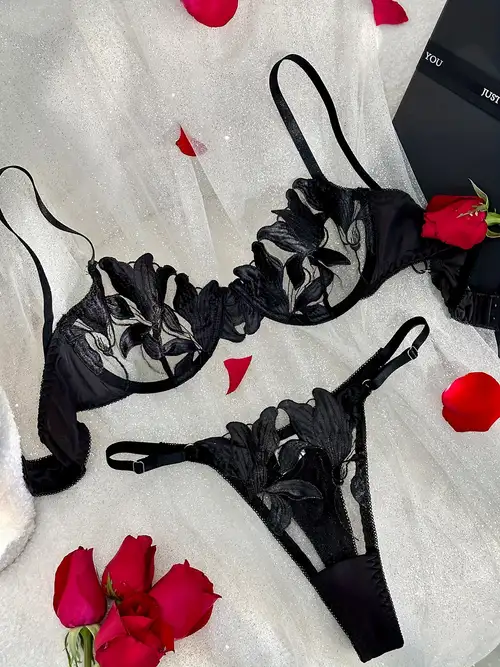 Solid Floral Embroidery Lingerie Set, Intimates Bra & Thongs, Women's Sexy  Lingerie & Underwear