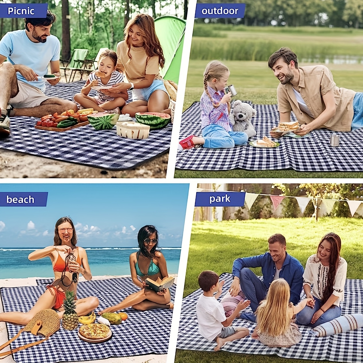 Manta de picnic de 80 x 80 pulgadas, extra grande, impermeable y plegable,  manta de playa de 3 capas para 6 a 8 adultos, para campamento, parque