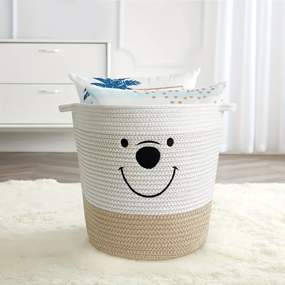 1pc Large Cotton Rope Basket With Handles - Perfect For Blankets Basket,  Toys, And Clothes Organizer, Laundry Basket - White And Khaki, Laundry Organ