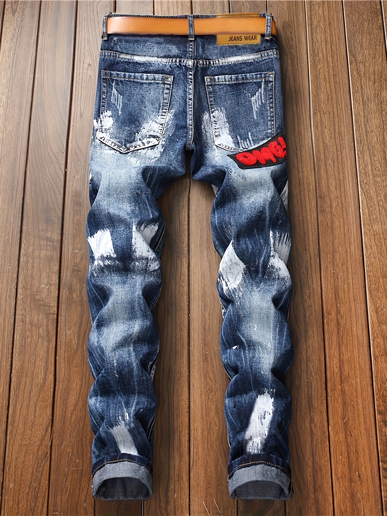 Letter Flag Pattern Men's Punk Style Washed Denim Pants - Temu