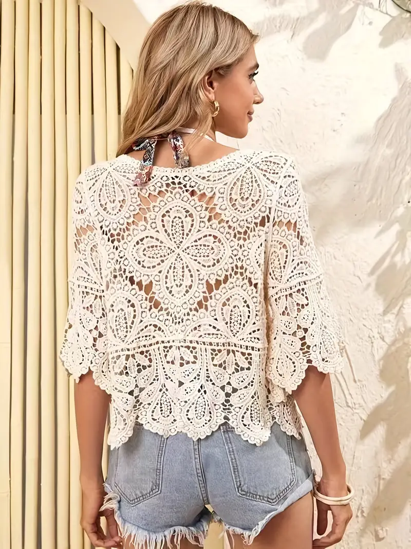 Eyelet Hollow Lace Ivory Crochet Scallop Trim Cover Top - Temu