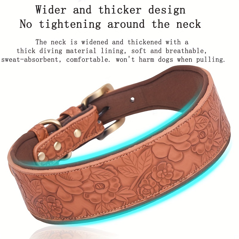 

Floral Embossed Leather Dog Collar With Neoprene Lining, Adjustable, Durable Pet Collar