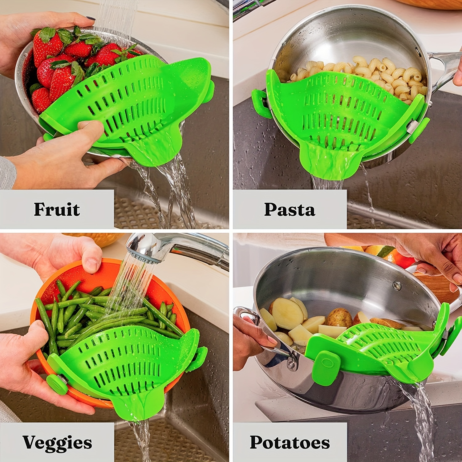 Kitchen Pasta Strainers Clip On Pot Silicone Spaghetti Colanders Heat  Resistant Kitchen Gadgets Fits Pots Pans Bowls, Green