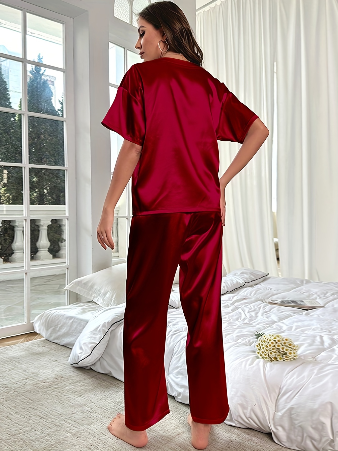 Kids Satin Pajama Sets Pink Red Silk Pajamas Long Sleeve Top
