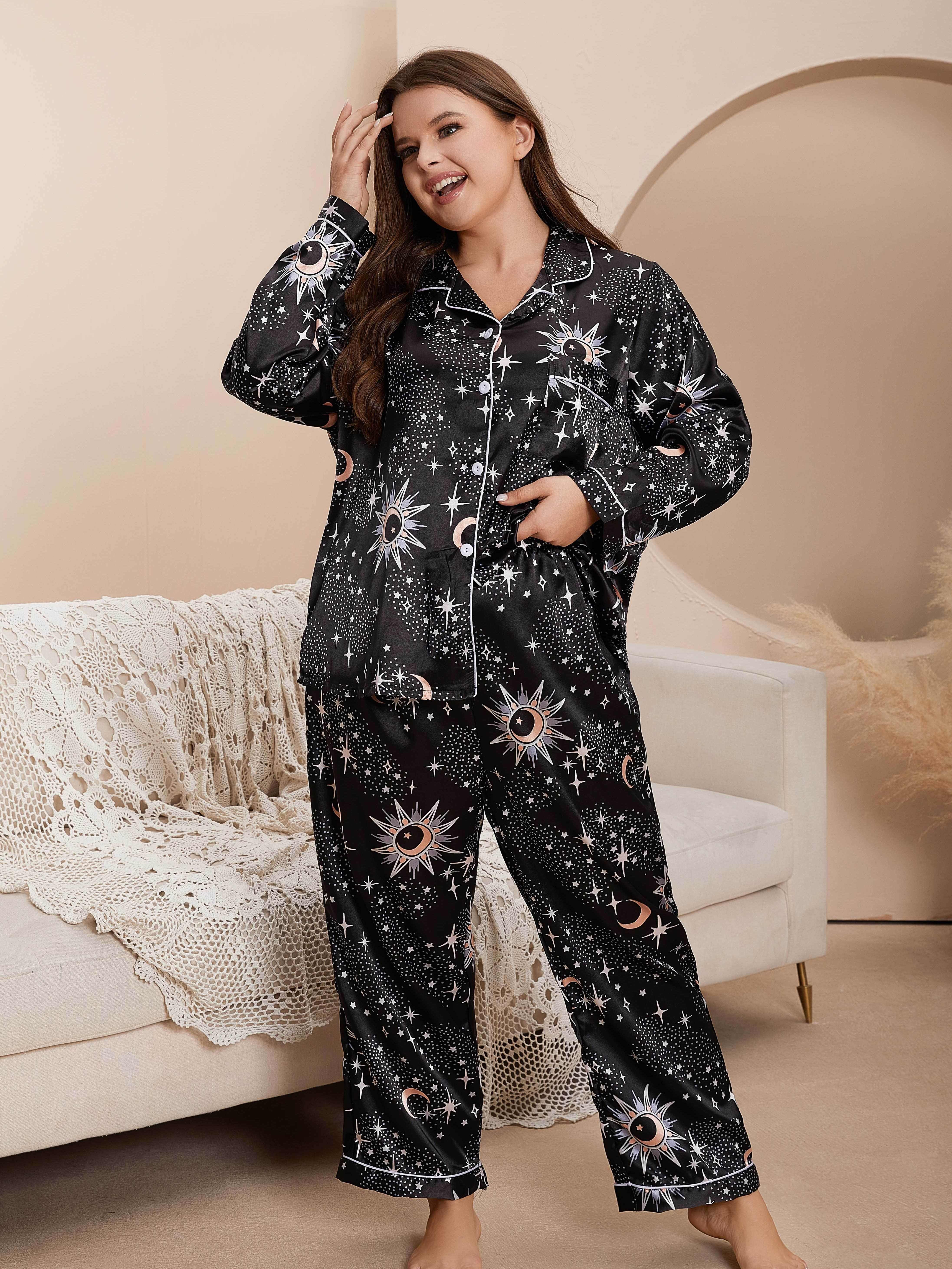 Stars Printed Black Silk Pajamas For Women