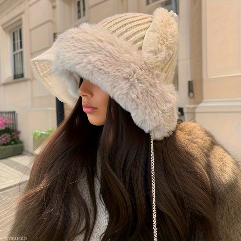 Acheter Chapeau d'hiver en fourrure de lapin pour femmes, bonnet à