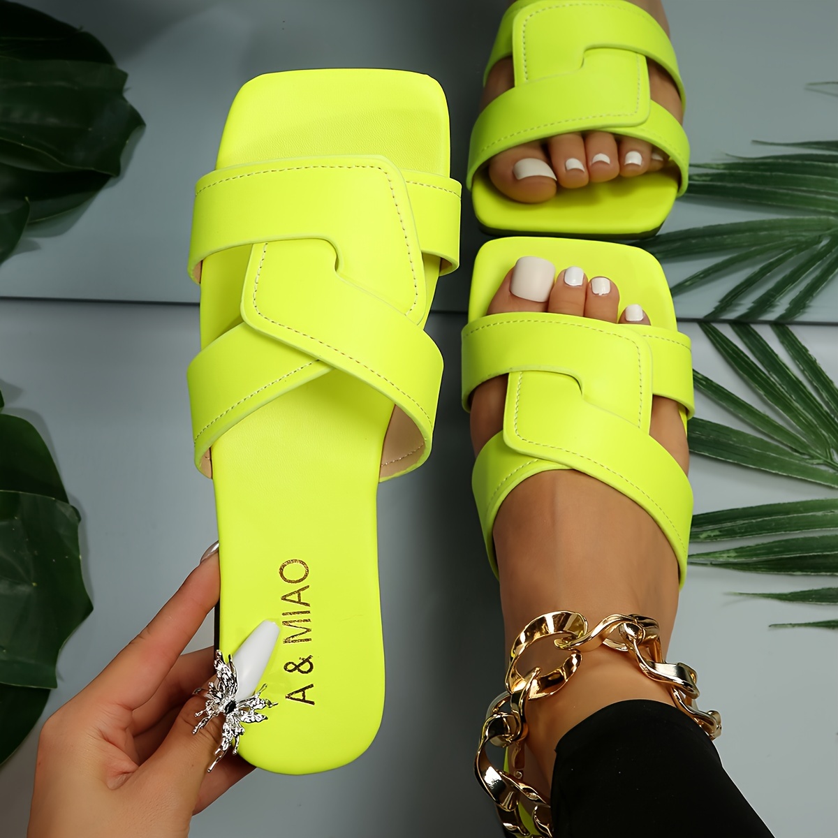 

Women's Simple Letter Print Slide Sandals, Casual Square Toe Flat Summer Shoes, Lightweight Slide Sandals