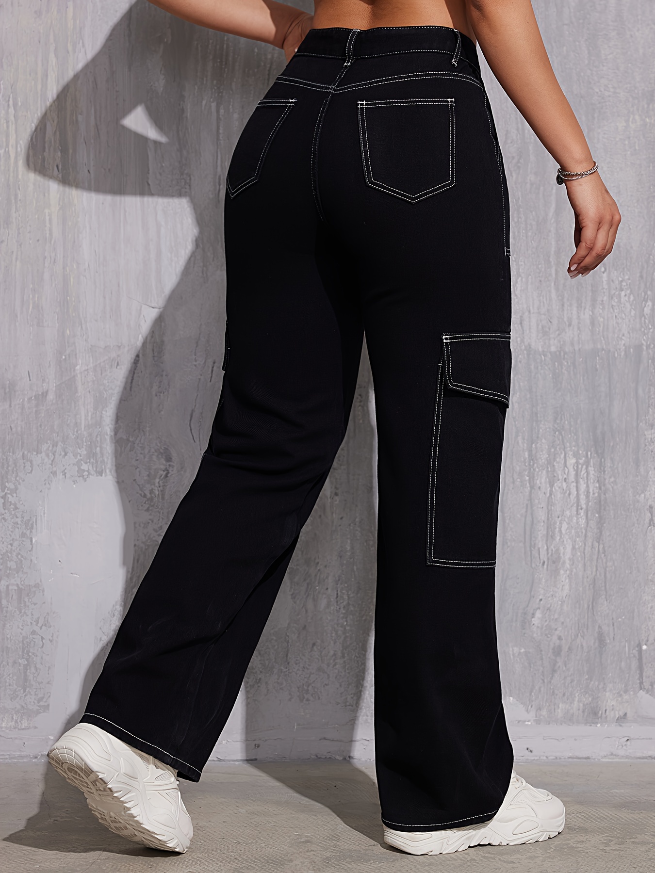 Flap Pockets Casual Straight Jeans Loose Fit Y2k Kpop Style - Temu