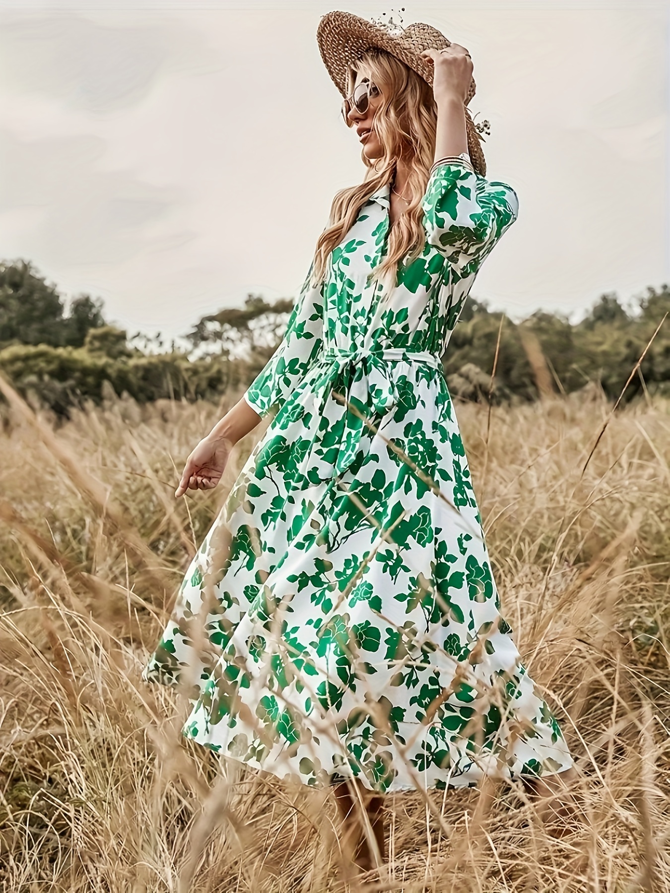 Green 3 4 Sleeve Dress