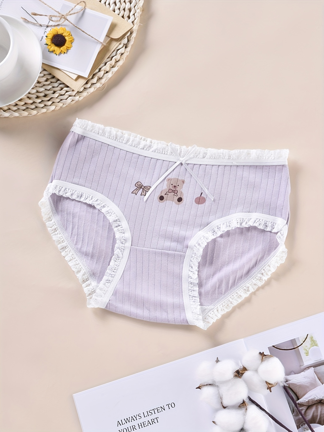 ZENTREE Women Underwear Adjustable Side Tie Panties Kawaii-Anime Cartoon  Printing Briefs 