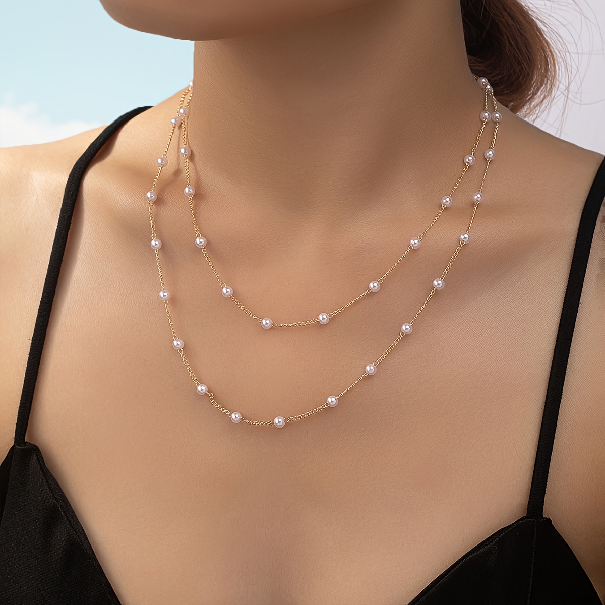 Double Layered Imitation Pearl Necklace Elegant Simple Style For Women  Party Neck Accessories