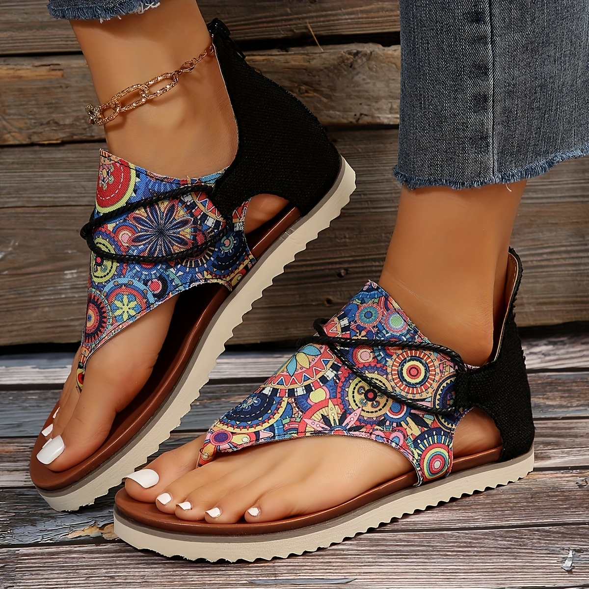 Women's Geometric Pattern Flat Sandals Open Toe Back Zipper - Temu