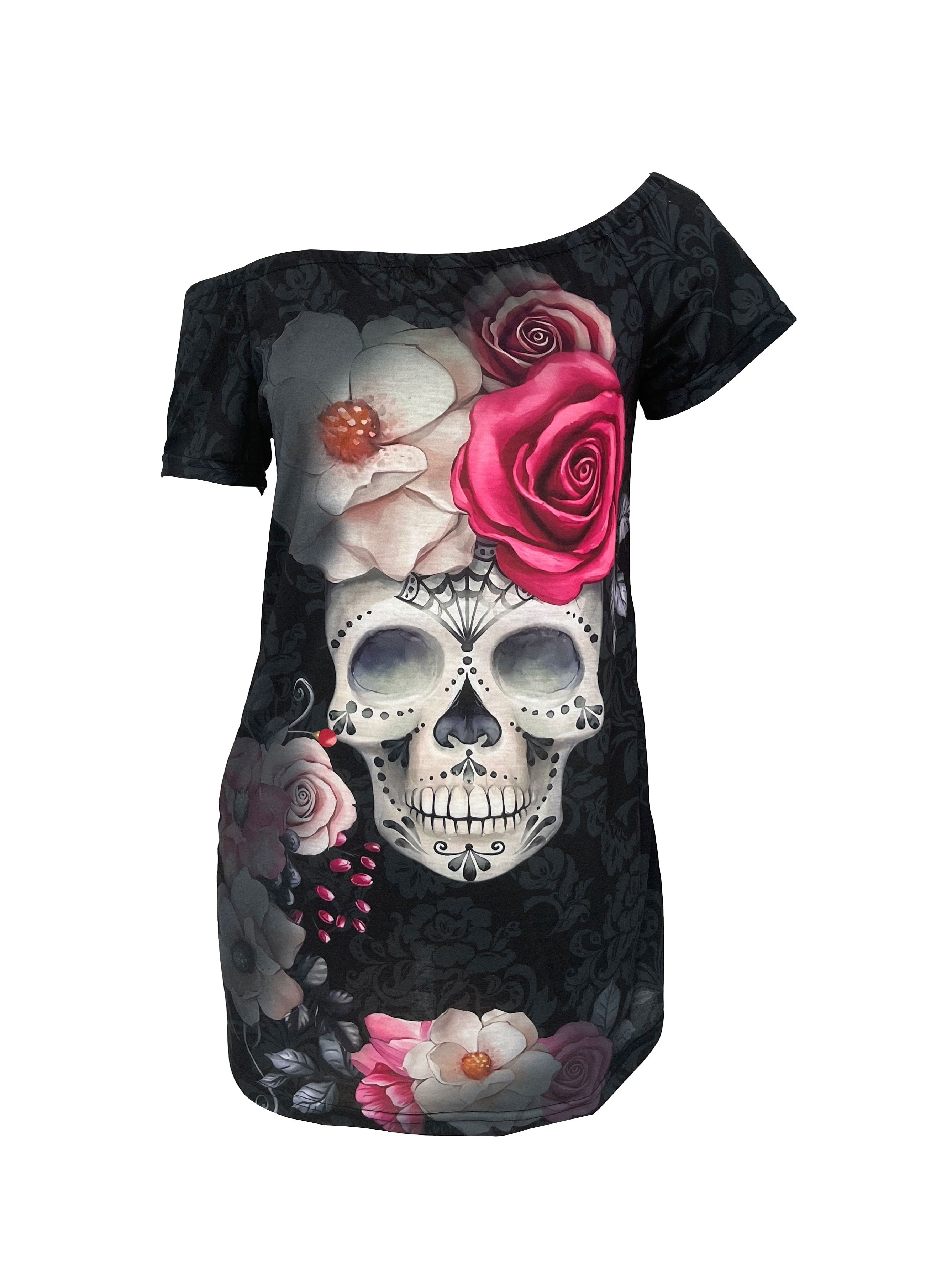 Womens Skull T Shirt Sugar Skull Print Womens T-shirt Gothic 