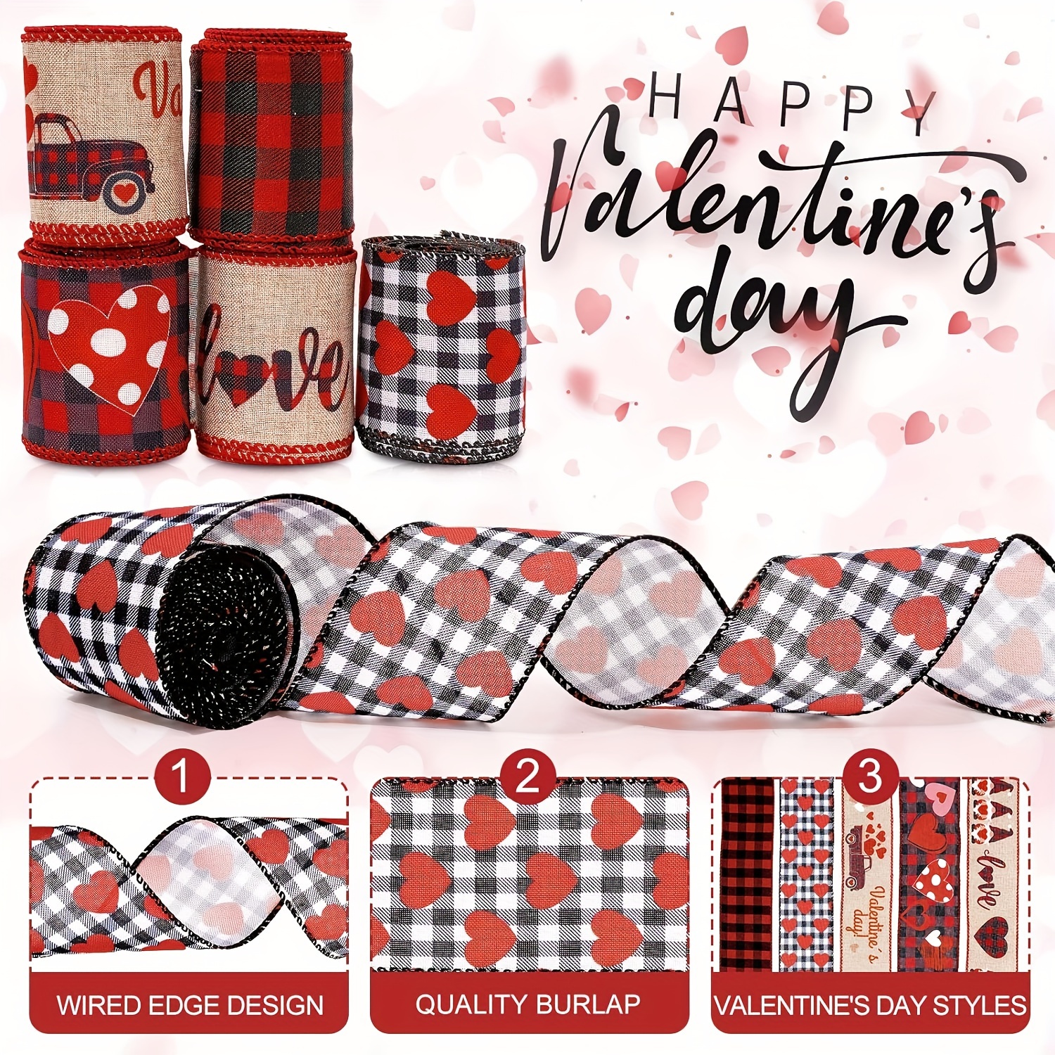 5 Rolls, 30 Yards Valentine's Day Wired Edge Ribbon 2.5 Inch Buffalo Plaids  Heart Gnome Truck Fabric Ribbon Rustic Red Black Craft Ribbon For Wedding