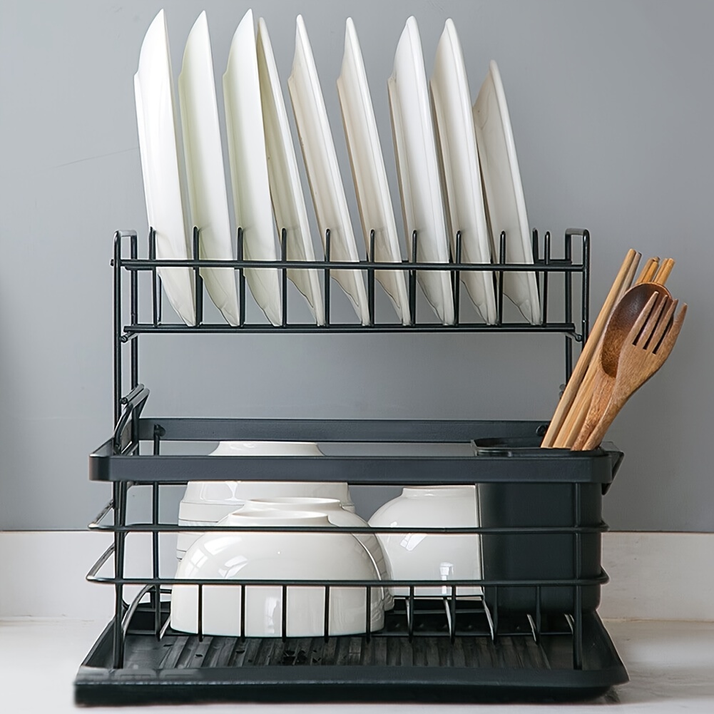 Double Rows Stainless Steel Dishes Drying Rack with Drain Board