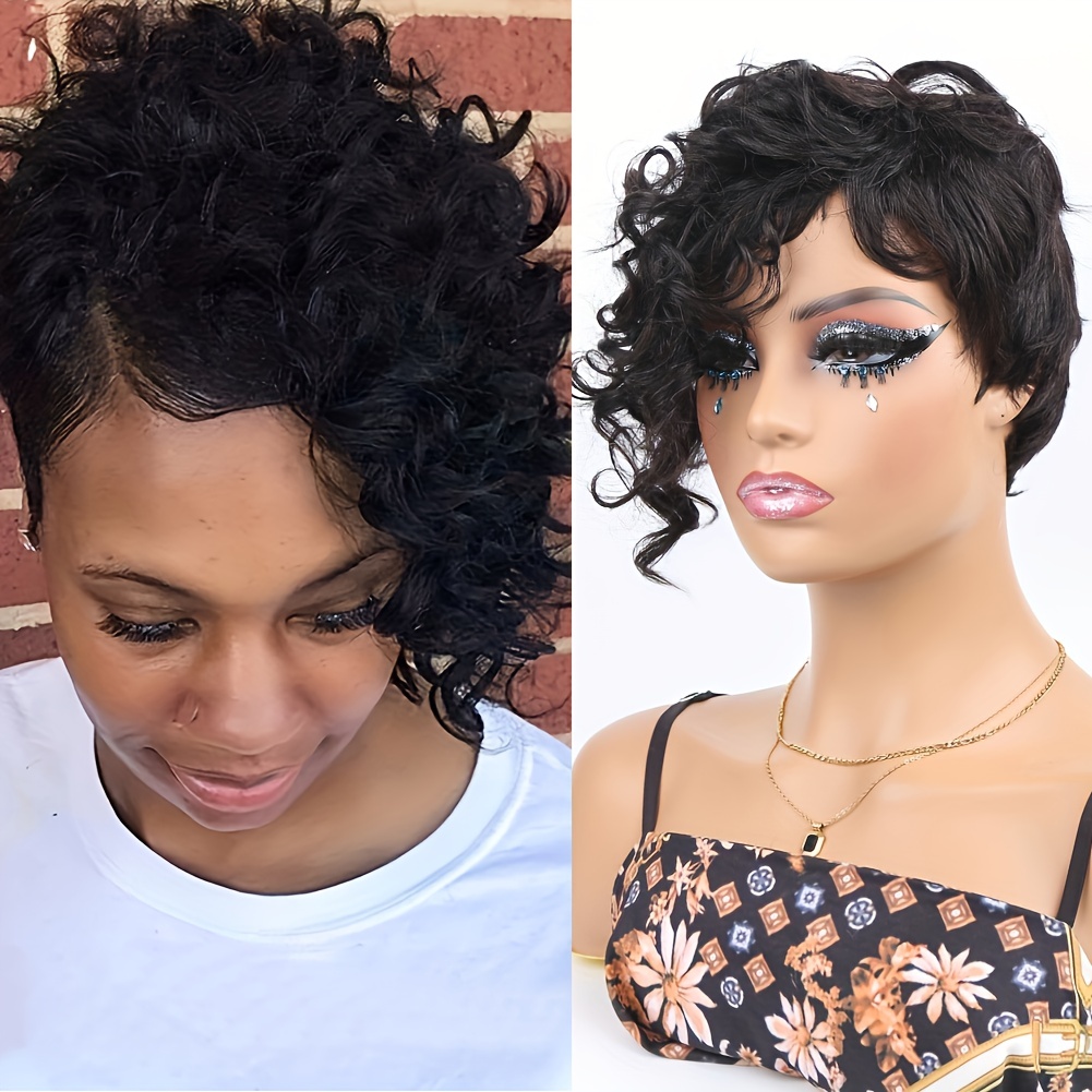 Brazilian Remy Human Hair Curly Wave Pixie Cut Wig Side Part