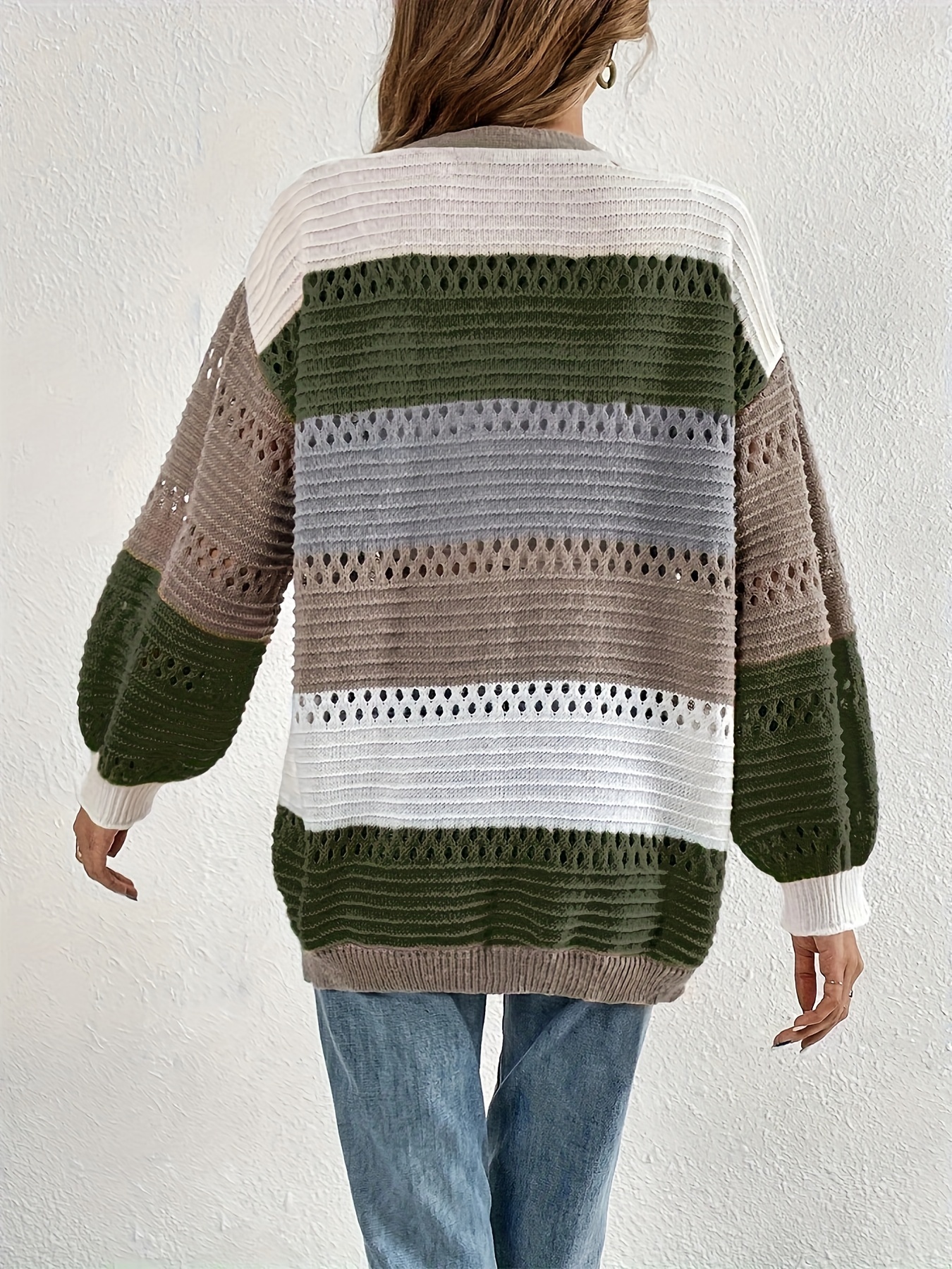 Cut Out Block Knit Cardigan Long Sleeve Sweater